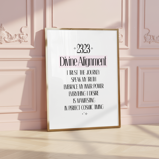 Minimalist spiritual typography print featuring angel number 2323, the text Divine Alignment, and an affirmation about trusting the cosmic journey.