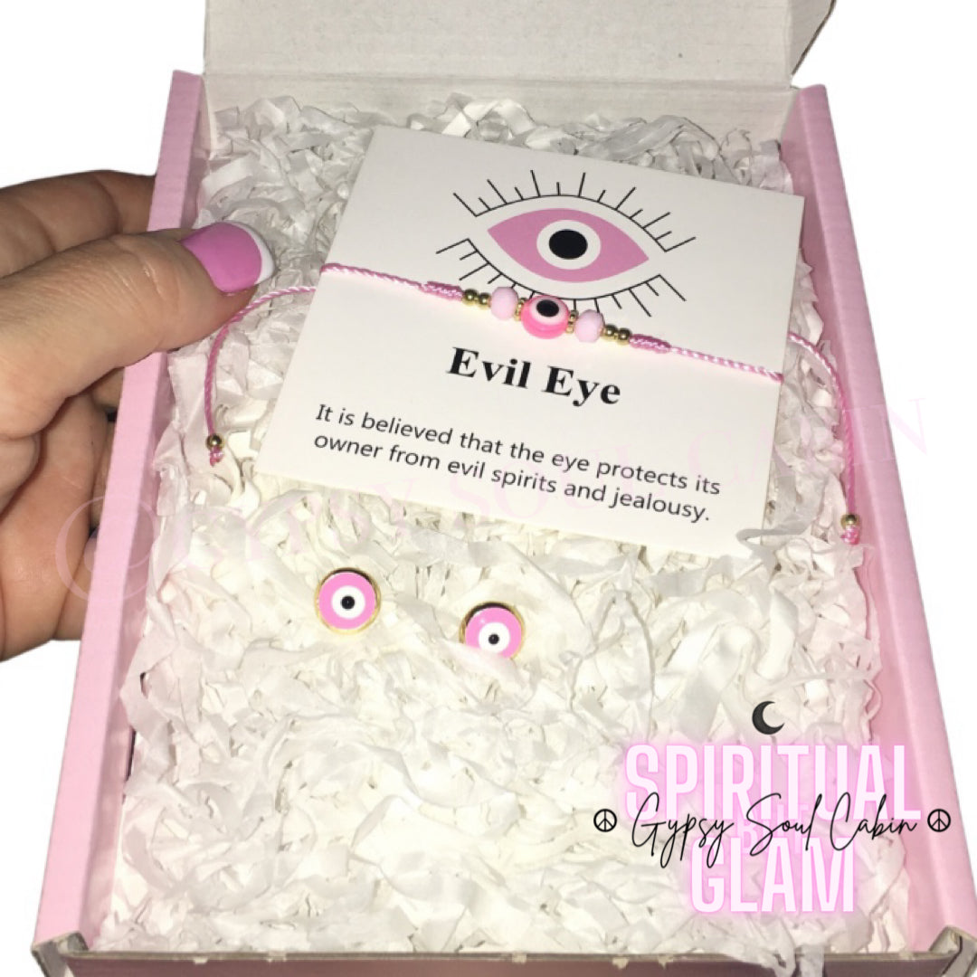 Pink Evil Eye Pull-String Bracelet & Earrings