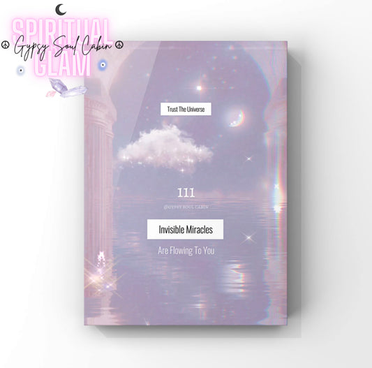 Dreamy pale blue A4 print featuring angel number 111, clouds, and mystical design with inspirational message for self-love and positive energy.