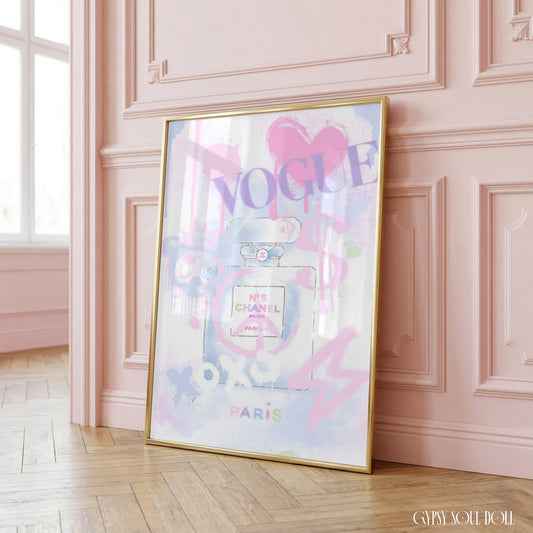 A graffiti-style A4 print featuring a Chanel perfume bottle with pink and purple spray paint effects, Vogue logo, and Paris text in pastel colours.