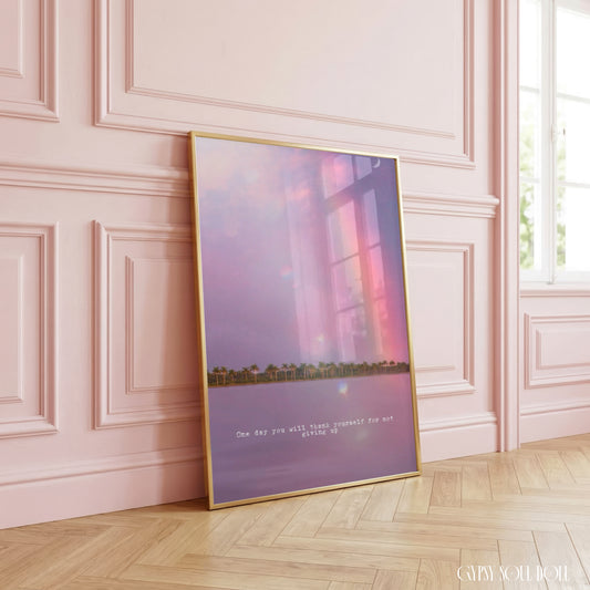 Wall print with a rainbow and palm trees on a purple aesthetic background, featuring an inspirational quote.