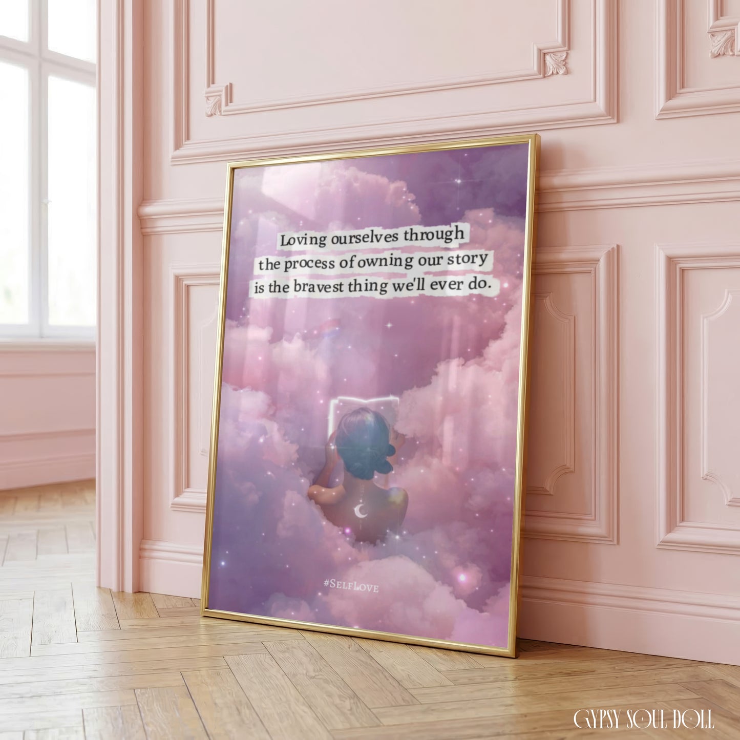 Dreamy cloud background A4 print with inspiring self-love quote and moon and star motifs, perfect for feminine motivational wall art.