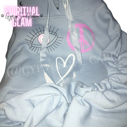 Peace, Love & Evil Eye Scrunched Sleeve Hoodie