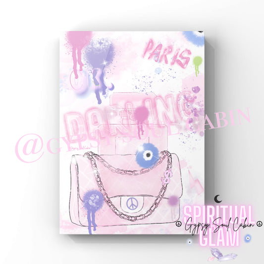 Pink graffiti art print featuring a fashion bag, perfume bottle, and travel-inspired designs, perfect for stylish decor.