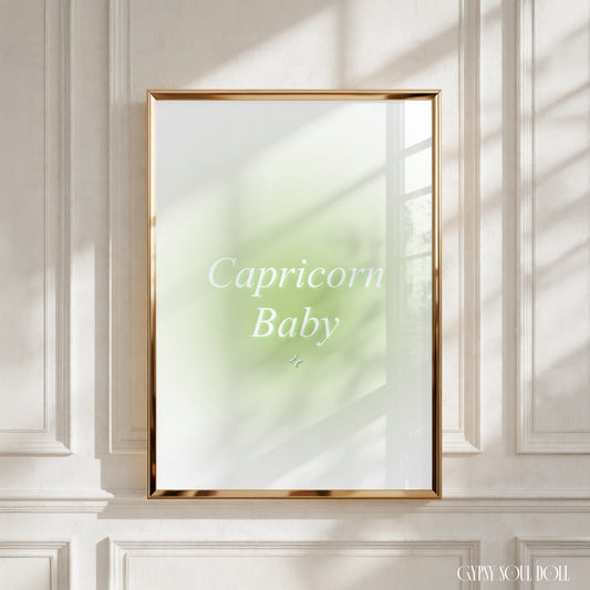 Capricorn Baby green gradient aura art print with aesthetic spiritual typography and a vibrant green energy design.