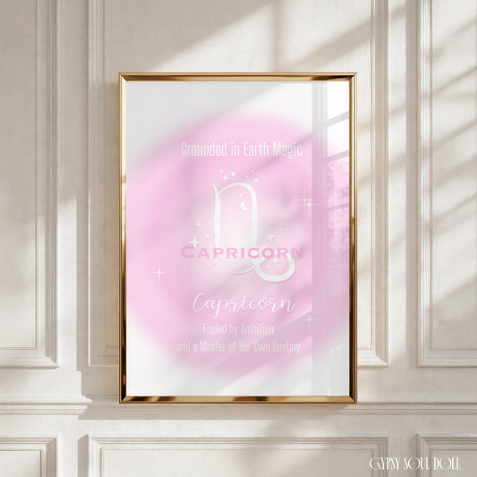 Minimalist A4 astrology wall art print featuring a soft pink aura background with a white Capricorn symbol and gothic typography reading Grounded in Earth Magic, Fueled by Ambition, and a Master of Her Own Destiny.