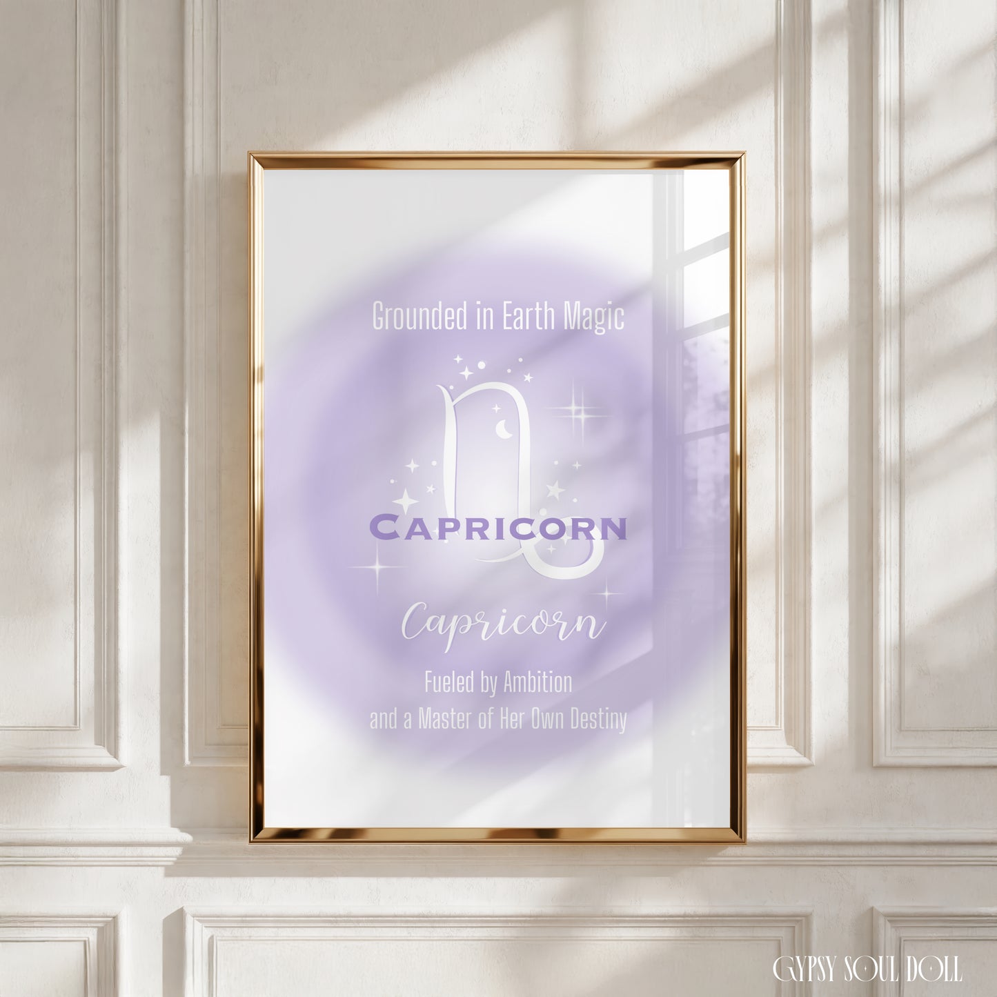 Minimalist A4 astrology wall art print featuring a soft purple aura background with a white Capricorn symbol and gothic typography reading Grounded in Earth Magic, Fueled by Ambition, and a Master of Her Own Destiny.