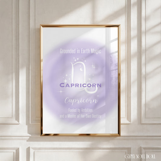 Minimalist A4 astrology wall art print featuring a soft purple aura background with a white Capricorn symbol and gothic typography reading Grounded in Earth Magic, Fueled by Ambition, and a Master of Her Own Destiny.
