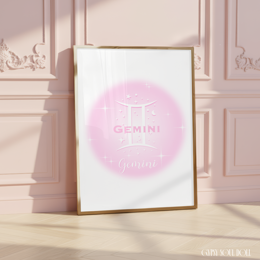 Minimalist aesthetic pink aura print featuring the Gemini zodiac glyph centred with celestial stars and Y2K sparkles.