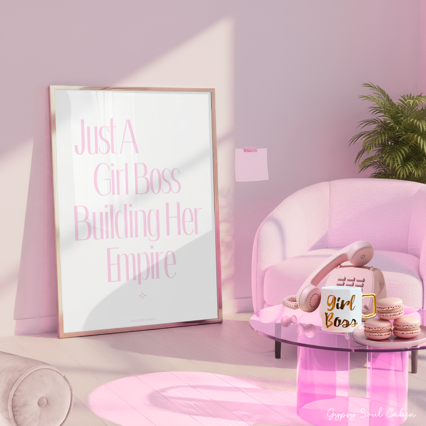 Pink room with 'Just a Girl Boss Building Her Empire' poster, pink chair, and 'Girl Boss' coffee mug.