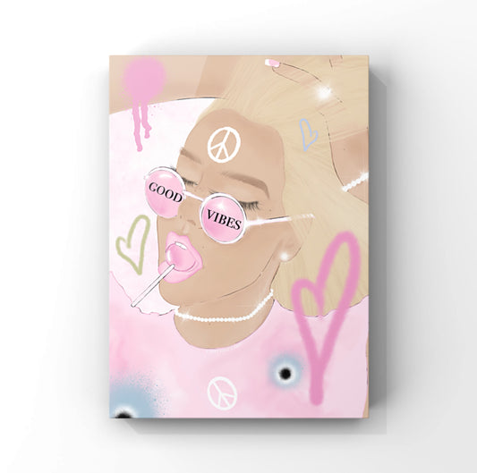 Minimalist A4 fashion illustration art print featuring a blonde lollipop baddie woman in pink, wearing sunglasses that read Good Vibes, decorated with pink hearts, peace symbols, and spray-painted evil eyes.