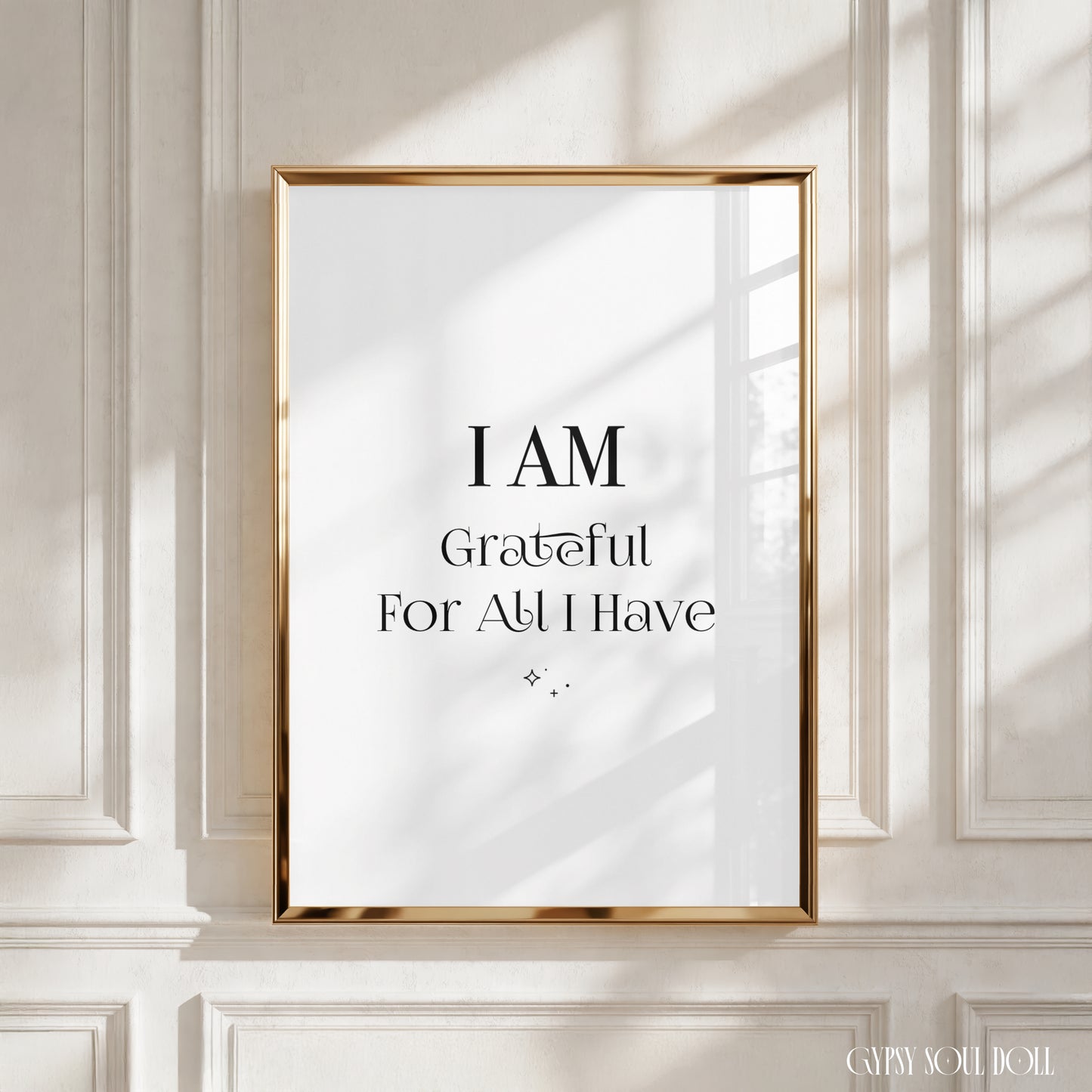 Minimalist A4 black and white typography print displaying the law of attraction daily gratitude affirmation phrase I Am Grateful For All I Have in mixed fonts.