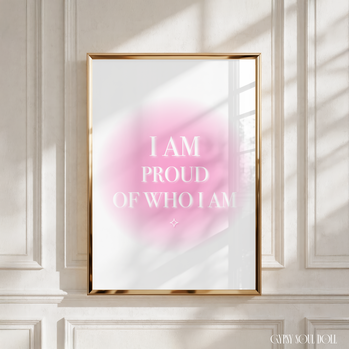 Minimalist soft pink gradient aura typography quote print featuring the comforting mental health affirmation text I Am Proud Of Who I Am.