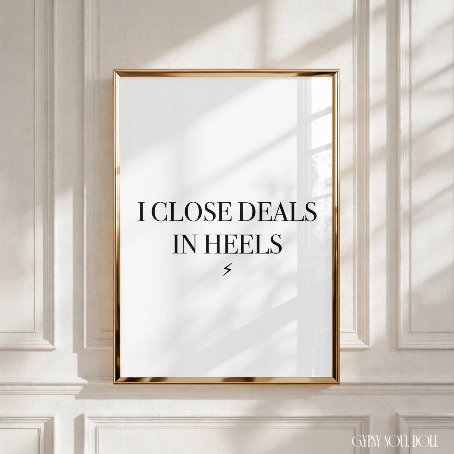 Minimalist A4 black and white typography print with the quote | Close Deals In Heels and a lightning bolt symbol.