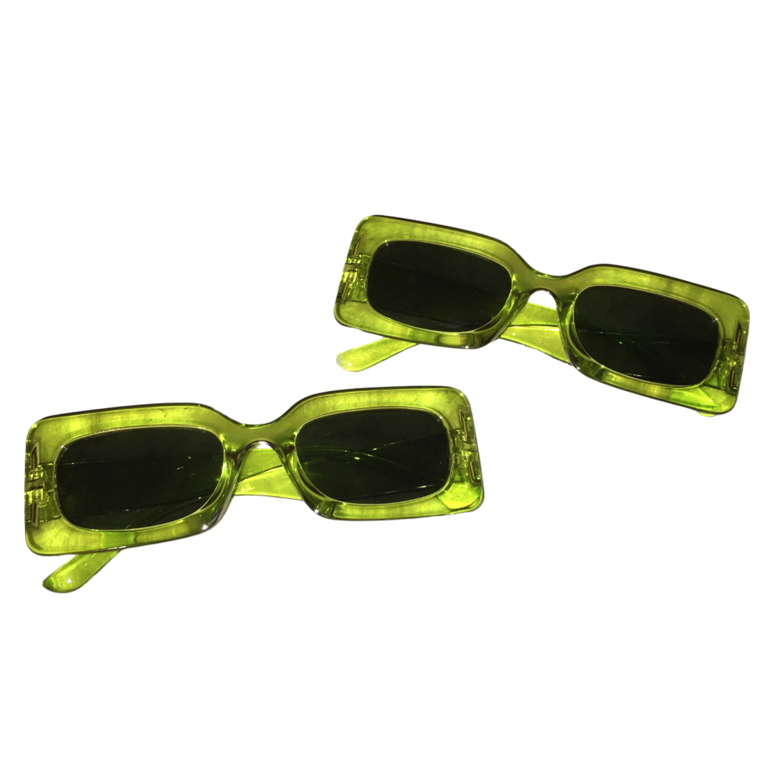 Two pairs of trendy transparent clear green rectangular Y2K festival sunglasses with dark tinted lenses from Gypsy Soul Doll.