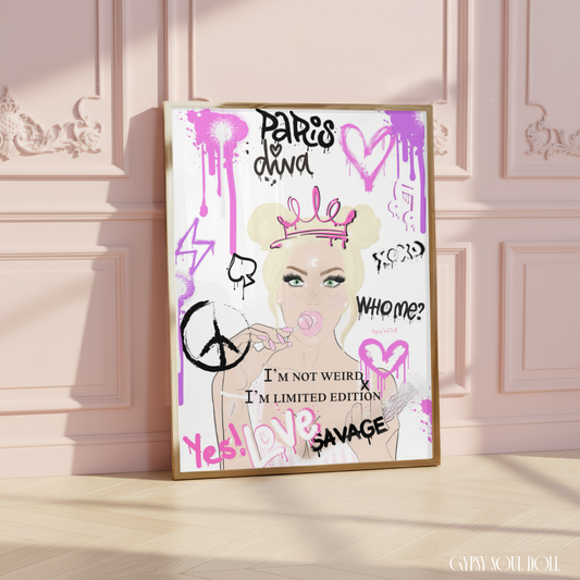 Pink pop art print featuring an illustrated Y2K style girl with a crown and a lollipop, surrounded by graffiti spray text reading "I'm Not Weird, I'm Limited Edition."