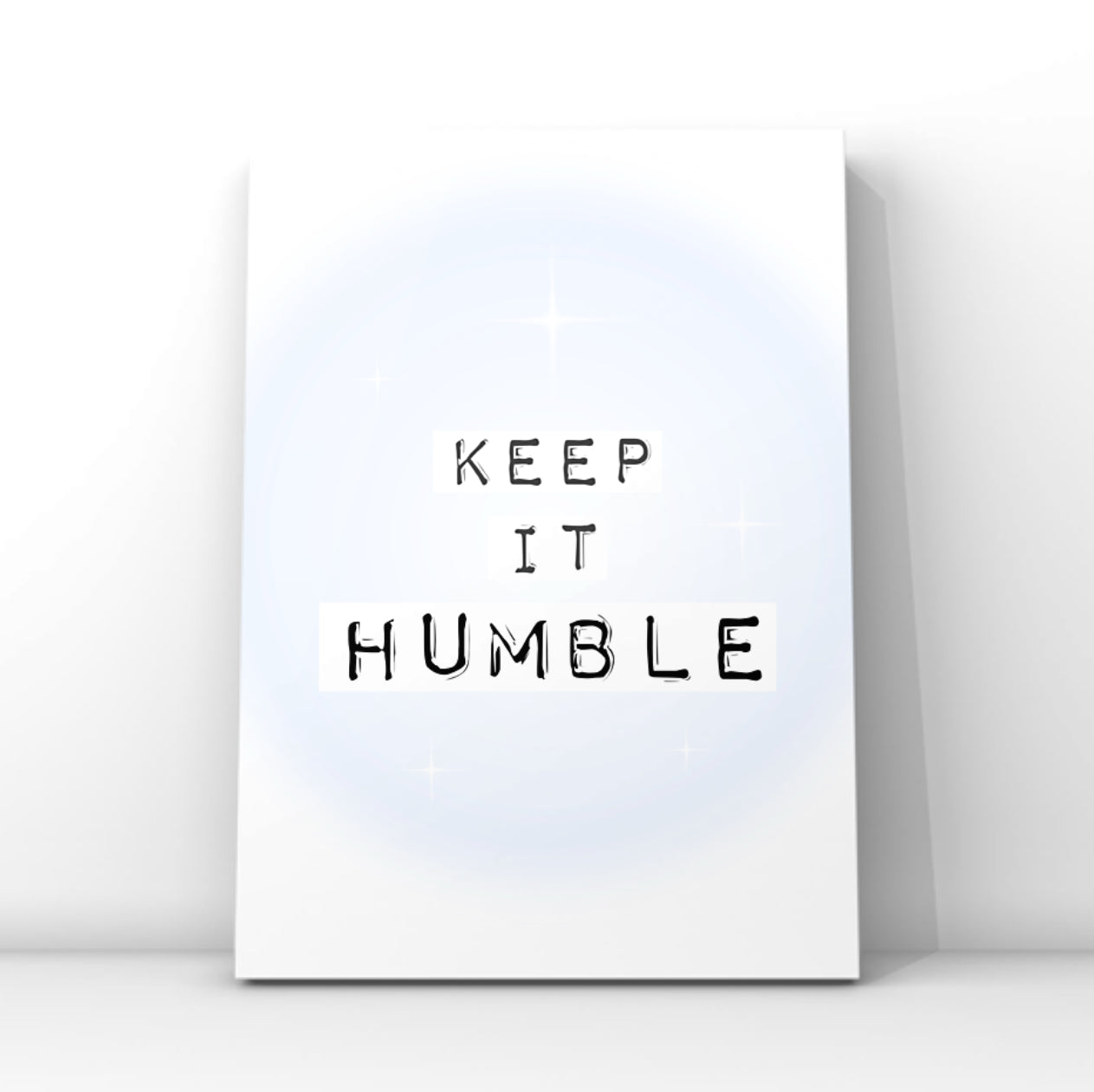 Minimalist typography print reading Keep It Real in black typewriter font over soft blue gradient blocks and a glowing mint blue aura background.