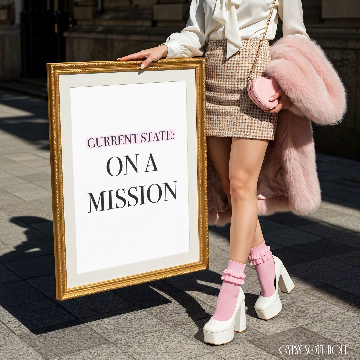 Minimalist A4 typography print for female entrepreneur office decor displaying the bold black text Current State On A Mission with Current State highlighted in a chic pink bar background.