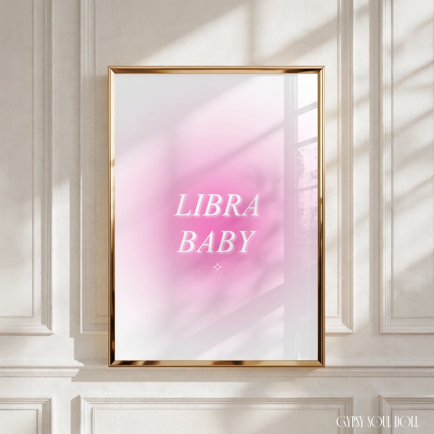 Libra Baby pink gradient aura art print with aesthetic spiritual typography and a vibrant pink energy design.