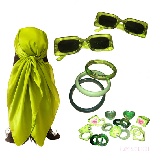 A curated Y2K brat girl summer accessory bundle featuring a lime green satin multi-way head scarf, two pairs of matching lime translucent rectangle sunglasses, a trio of chunky acrylic bangles, and an assortment of lime green resin rings, heart gems, and "Hug Me" bubble accent rings.