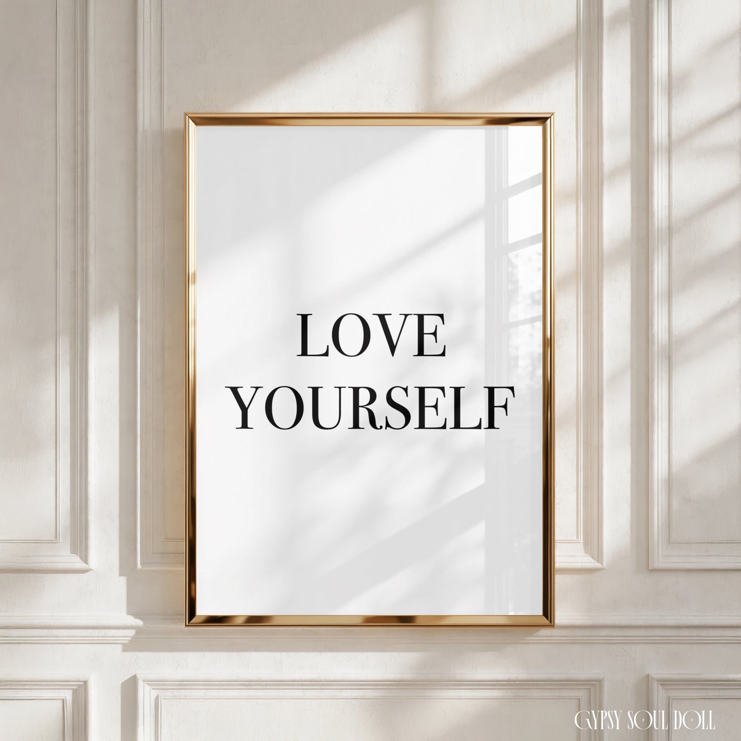 Clean minimalist self-love print displaying the words "Love Yourself" in crisp black serif font over a plain white background.