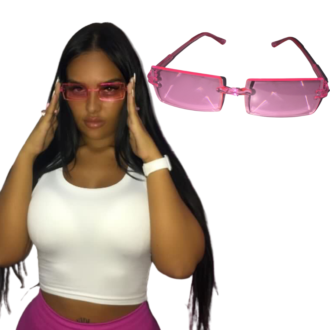 A dual image displaying a model with long straight dark hair wearing a white tank top and modelling pink frameless rectangle sunglasses, next to a floating product cutout of the rimless pink fashion lenses against a clean white backdrop.