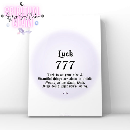 Minimalist A4 spiritual wall art print featuring a soft purple aura gradient background with bold black gothic typography reading Luck 777 and an abundance of manifestation guide text block.