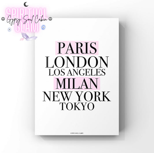 Minimalist black and white A4 fashion typography print featuring a vertical list of global capitals, Paris, London, Los Angeles, Milan, New York, and Tokyo, with Paris and Milan stylised in soft pink highlight blocks.