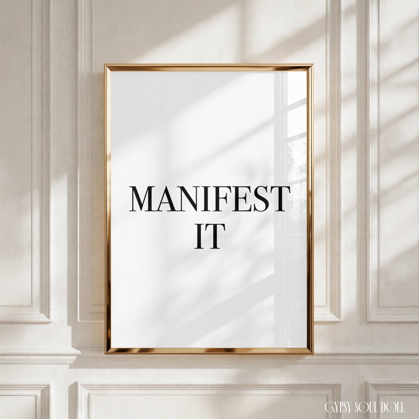 Minimalist white A4 mindfulness print displaying the encouraging manifestation reminder phrase text “MANIFEST IT” centred in a modern serif layout.
