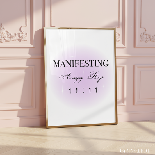 Minimalist A4 spiritual quote print featuring a central pastel purple aura gradient glow with bold black text reading Manifesting Amazing Things 11:11 and delicate star glints.