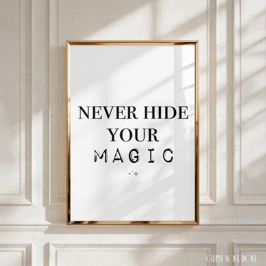 Minimalist A4 typography poster print displaying the bold phrase Never Hide Your Magic with decorative outline font accents and small sparkle stars at the bottom.