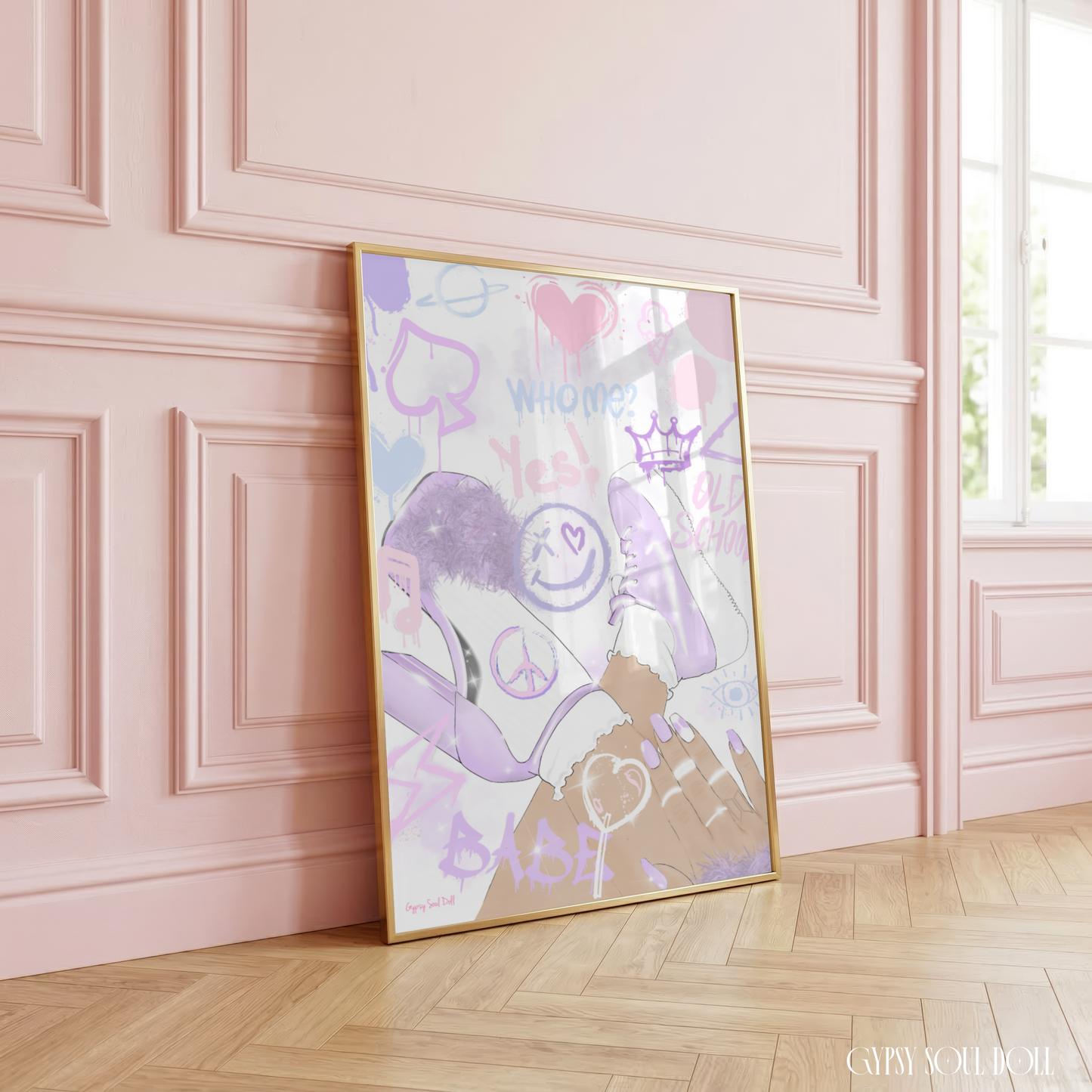 Pastel Y2K fashion pop art print featuring an illustration of lilac platform heels, chunky trainers, and manicured hands layered with graffiti spray text reading Old School, Babe, and Who Me.