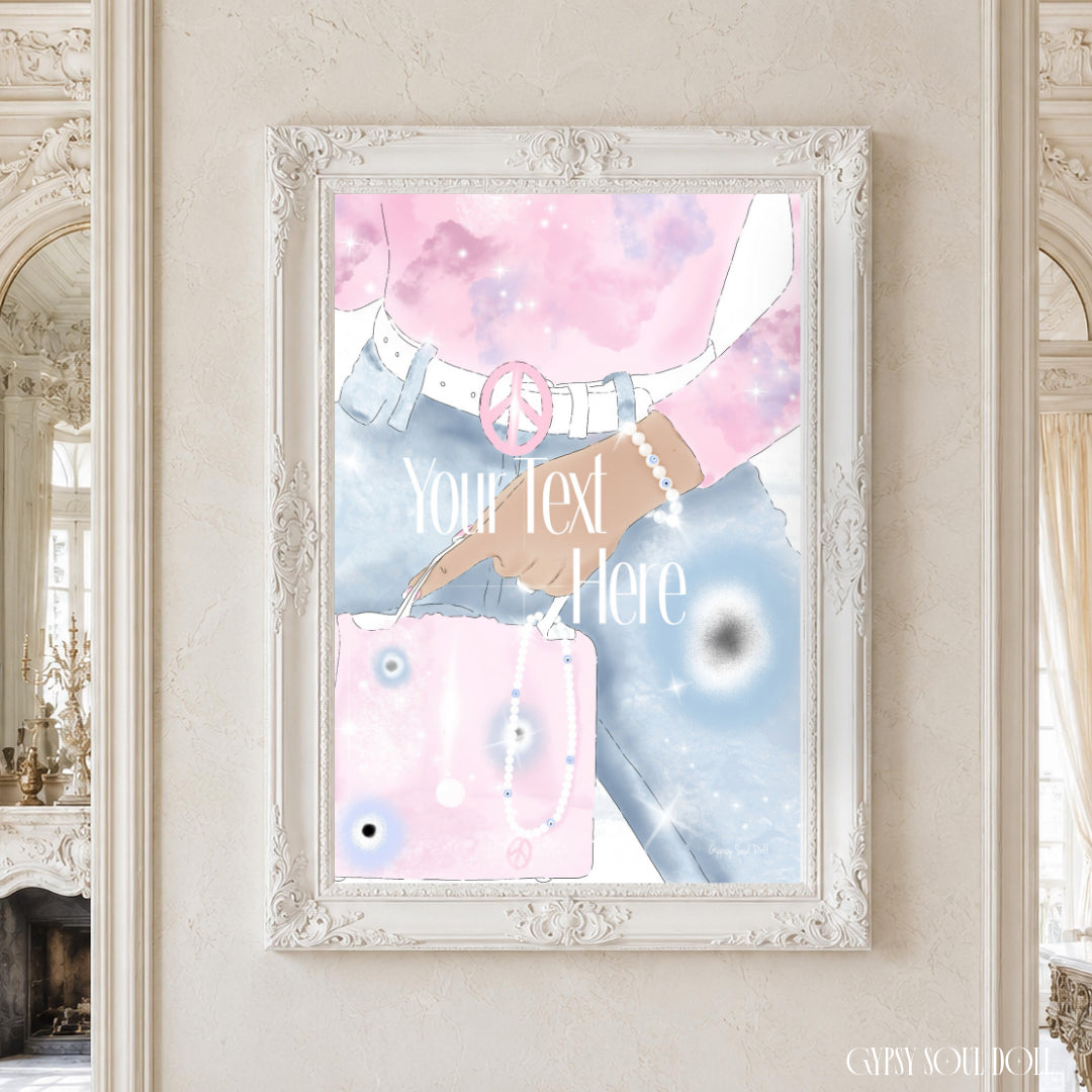 A framed pastel art print hanging on a classy beige wall in an ornate room. The print shows a stylised illustration of a woman in a pink and blue outfit with a peace sign, a pink handbag, and the text 'Your Text Here' in the centre, by Gypsy Soul Doll.