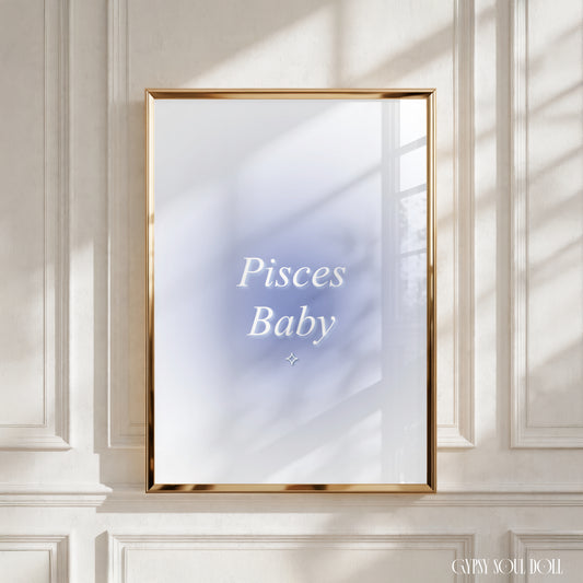 Pisces Baby blue gradient aura art print with aesthetic spiritual typography and a vibrant blue energy design.