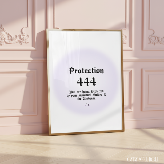 Minimalist A4 spiritual wall art print featuring a soft purple aura gradient background with bold black gothic typography reading Protection 444 and a divine protection message block.