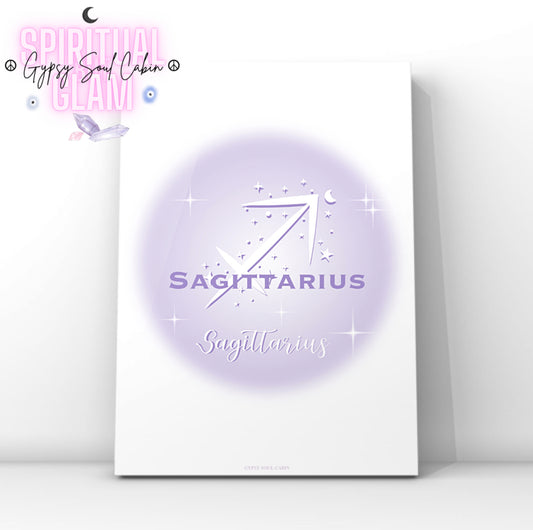 Minimalist aesthetic lavender aura print featuring the Sagittarius zodiac archer arrow glyph centred with celestial stars and Y2K sparkles.