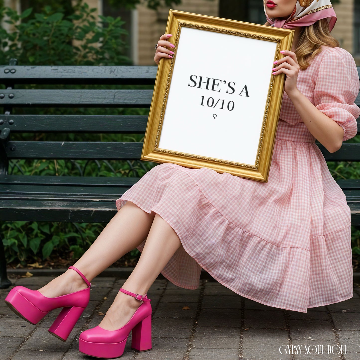 A woman sitting on a park bench wearing a pink gingham dress and hot pink platform heels, holding a gold-framed minimalist art print that reads She's a 10/10.