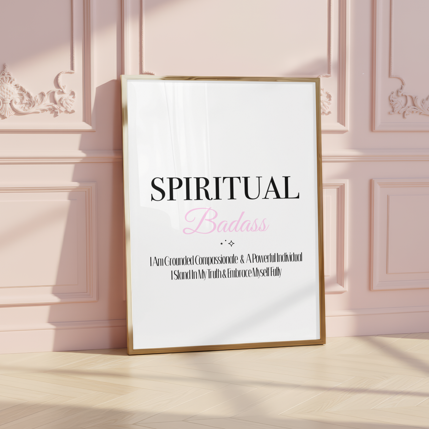 Minimalist A4 typographic wall art print featuring bold black text reading Spiritual paired with soft pink script lettering reading Badass and narrow black affirmation text below.