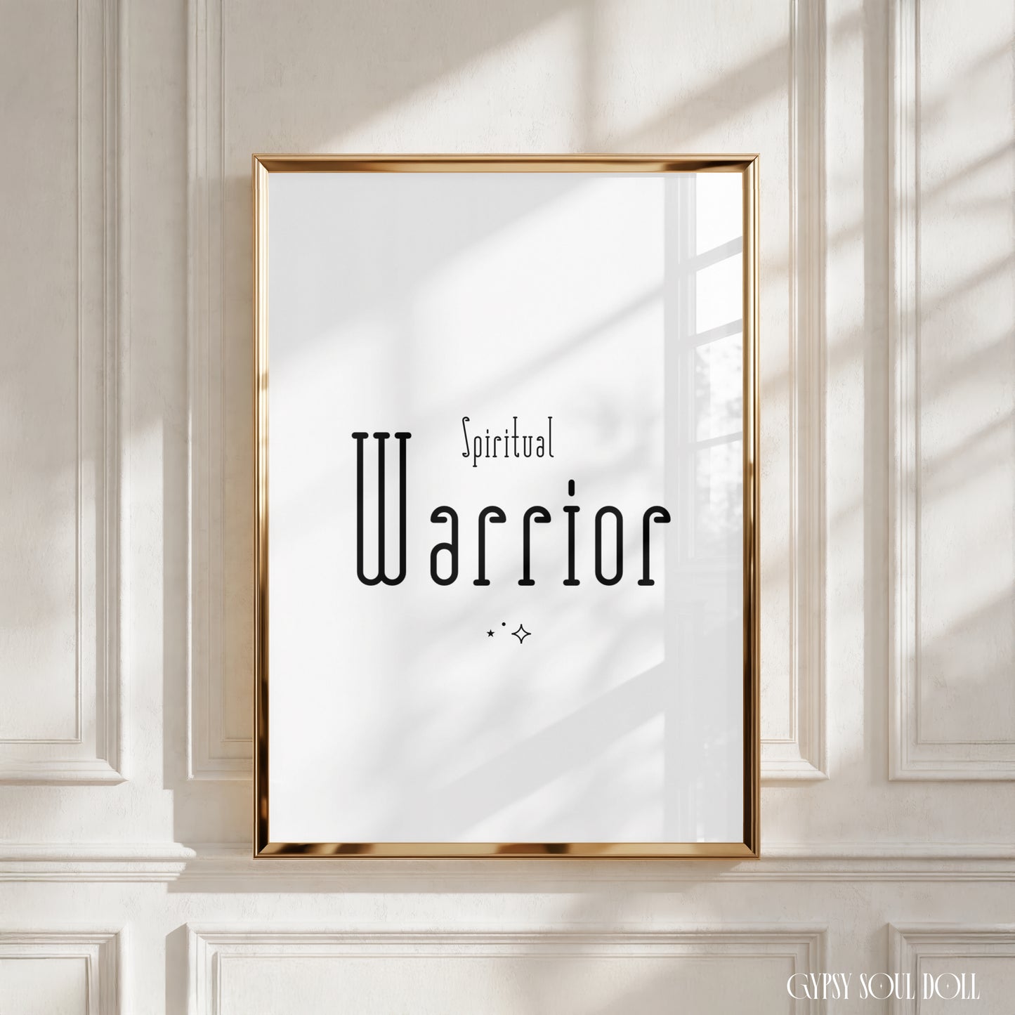 spiritual-warrior-tall-modern-typography-printAlt Text: Simple black and white spiritual print showcasing the title Spiritual Warrior written in a tall, retro-futuristic font with three tiny centred stars at the bottom.