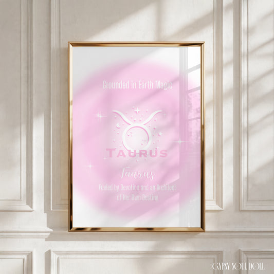 A4 vertical art print featuring a soft pink central aura gradient glow with white astrological glyphs, celestial star graphics, and typewriter-style text reading Grounded in Earth Magic and Fueled by Devotion and an Architect of Her Own Destiny centred over a white backdrop without punctuation.