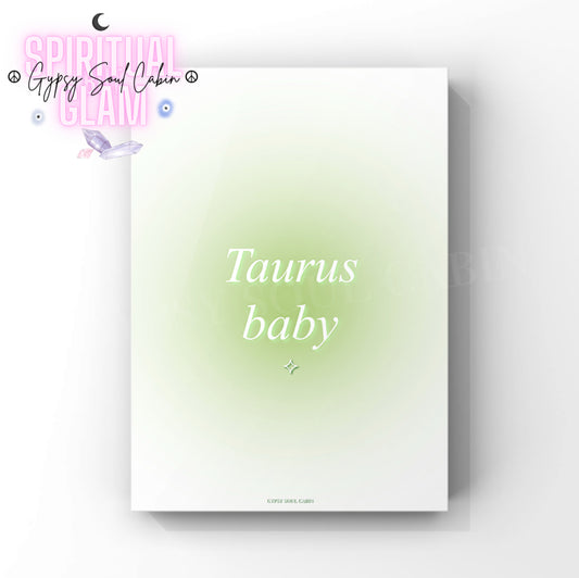 Gypsy Soul Cabin Taurus baby green gradient aura art print with aesthetic spiritual typography and a vibrant green energy design.