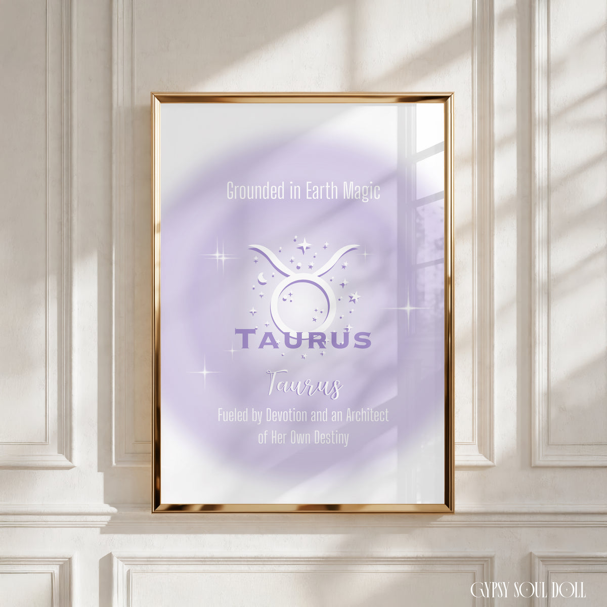 A4 vertical art print featuring a soft purple central aura gradient glow with white astrological glyphs, celestial star graphics, and typewriter-style text reading Grounded in Earth Magic and Fueled by Devotion and an Architect of Her Own Destiny centred over a white backdrop without punctuation.