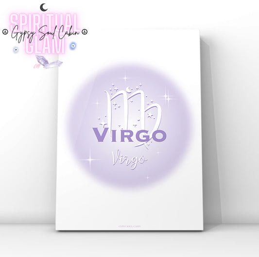 Minimalist aesthetic purple aura print featuring the Virgo zodiac maiden glyph centred with celestial stars and Y2K sparkles.