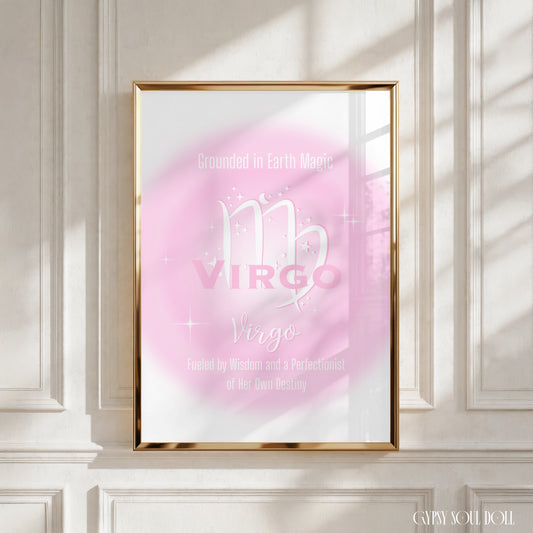 A4 vertical art print featuring a soft pink central aura gradient glow with white astrological glyphs, celestial star graphics, and typewriter-style text reading Grounded in Earth Magic and Fueled by Wisdom and a Perfectionist of Her Own Destiny centred over a white backdrop.