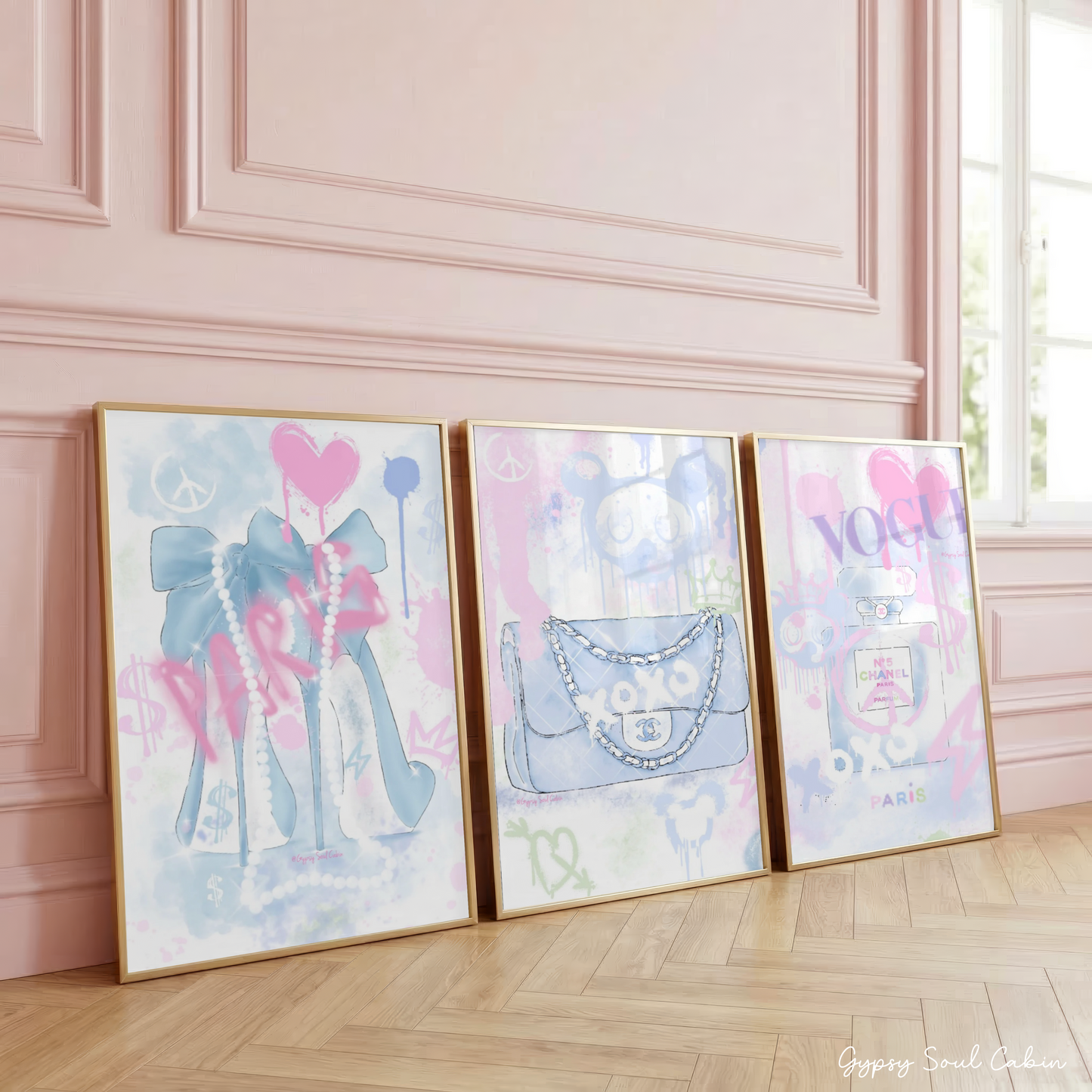 Set of three Y2K-inspired streetwear fashion prints featuring designer high heels, a quilted handbag, and a luxury perfume bottle layered with pink and blue graffiti spray paint art.