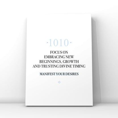 Minimalist typography print featuring a blue 1010 angel number and a pastel blue background highlight behind the words Manifest Your Desires.