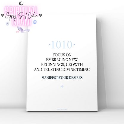 Minimalist typography print featuring a blue 1010 angel number and a pastel blue background highlight behind the words Manifest Your Desires.