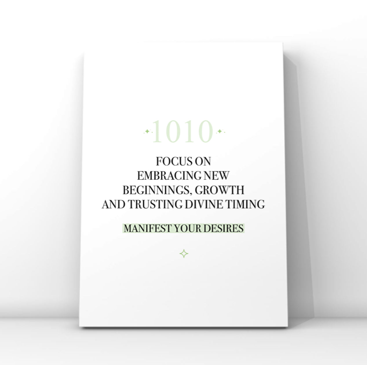 Minimalist typography print featuring a green 1010 angel number and a pastel green background highlight behind the words Manifest Your Desires.