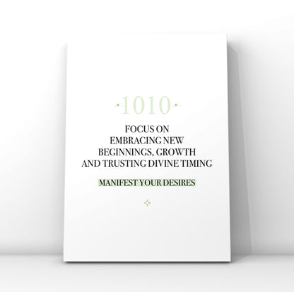 Minimalist typography print featuring a green 1010 angel number and a pastel green background highlight behind the words Manifest Your Desires.