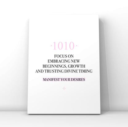 Minimalist typography print featuring a pink 1010 angel number and a pastel pink background highlight behind the words Manifest Your Desires.